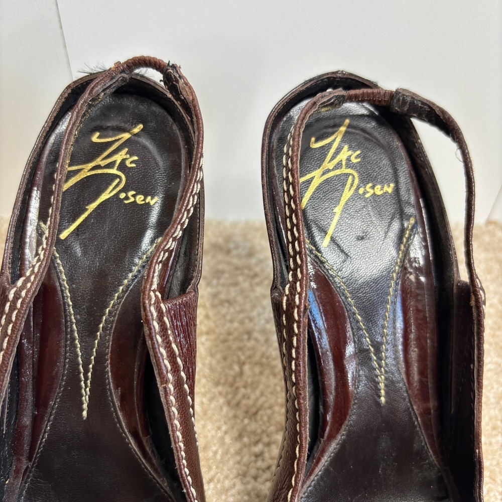Zac Posen Brown Leather Peep Toe Slingback Y2K Striped Heels Size 7 - Picture 9 of 13